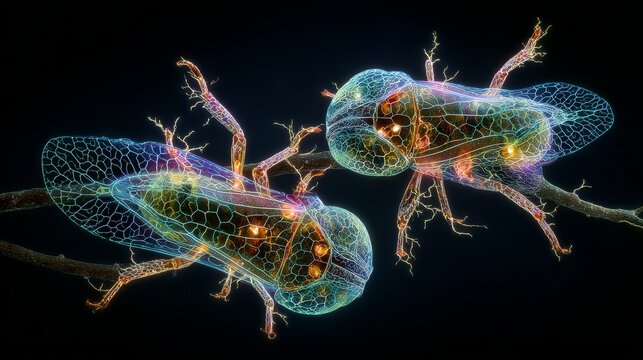 Macro photography of fantastically shaped treehoppers with electrical charge visualizations surrounding their bodies, abstract concept of evolutionary adaptation