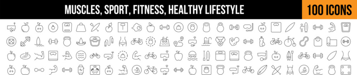 Sport and Fitness, Healthy Lifestyle Outline Icon Collection. Editable Stroke. Perfect for Graphics, Designs, Books, Adverts, Apps