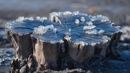 Frozen tree stump ice crystals