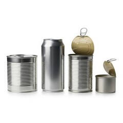 Assortment of metal cans and a turnip on a white background