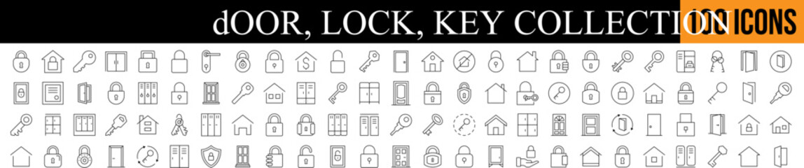 Door with Lock and Key Outline Picture Collection. Editable Stroke. Perfect for Graphics, Designs, Books, Adverts, Apps
