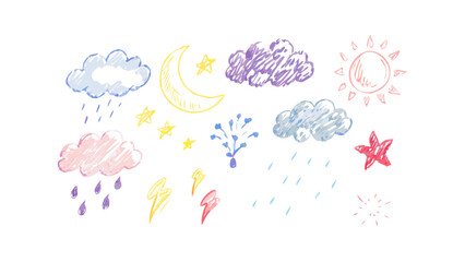 Hand drawn crayon weather elements clouds moon