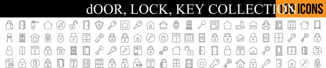 Door with Lock and Key Picture Collection. Editable Stroke. Perfect for Graphics, Designs, Books, Adverts, Apps