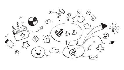 Hand drawn doodle icons with speech bubbles and arrows vector