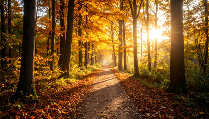 Obraz premium Golden Autumn Forest Pathway