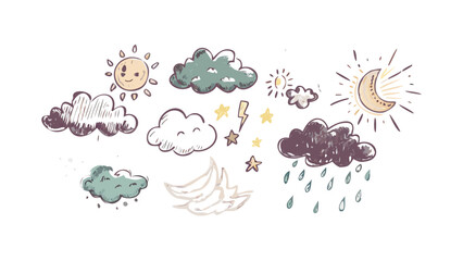 Hand drawn retro weather icons sun moon clouds rain lightning vintage