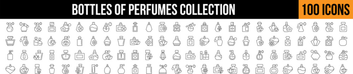  Various Bottles of Perfume Line Icon Collection. Editable Stroke. Perfect for Graphics, Designs, Books, Adverts, Apps
