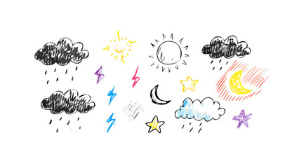 Hand drawn weather icons sun moon clouds rain lightning stars vector