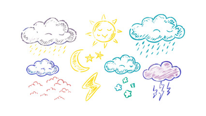 Hand drawn weather icons with textured clouds sun moon and lightning stars