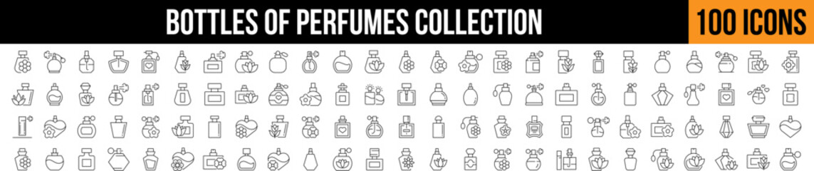  Various Bottles of Perfume Outline Icon Collection. Editable Stroke. Perfect for Graphics, Designs, Books, Adverts, Apps