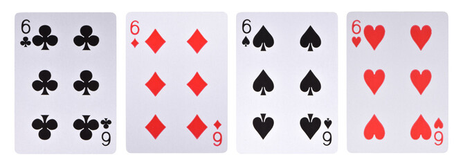 Set of playing cards isolated on white background, Hearts, Clubs, Spades and Diamonds