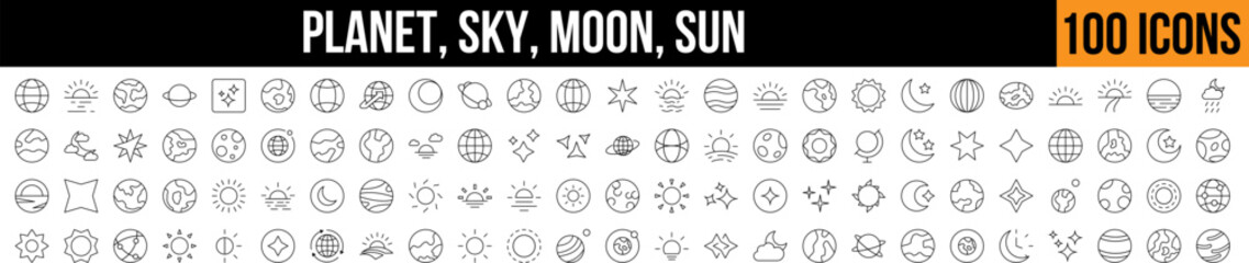 Planet, Sky, The Moon Simple Icon Collection. Editable Stroke. Perfect for Graphics, Designs, Books, Adverts, Apps