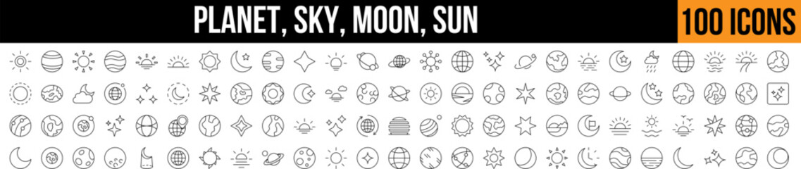 Planet, Sky, The Moon Line Icon Collection. Editable Stroke. Perfect for Graphics, Designs, Books, Adverts, Apps