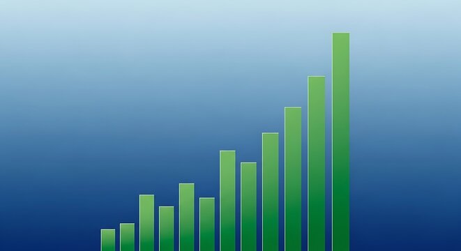 Ascending green bars on blue gradient backdrop demonstrating progress and expansion showing incremental success