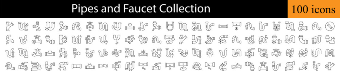Faucet and Pipes Outline Picture Collection. Editable Stroke. Perfect for Graphics, Designs, Books, Adverts, Apps