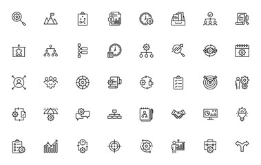 Management icon set. Business vector icons collectio. Features symbols for tim management, project managment, risk management, strcture, calendar, report, cllaboration, and more. Ediable stroke.