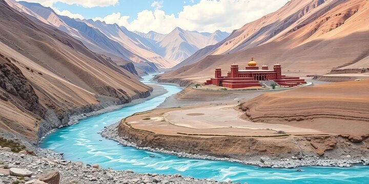 Aquamarine Tsarap River meanders through Zanskar valley, past terraced fields and Phuktal Gompa,  scenic,  peace