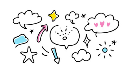 Playful doodle elements yellow star pink hearts blue shapes graphic illustration