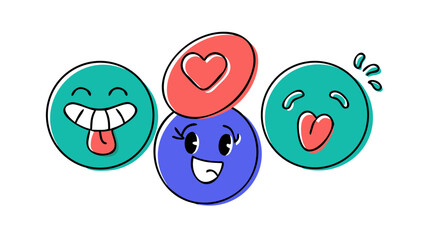 Playful doodle emoji icons sketchy black lines happy