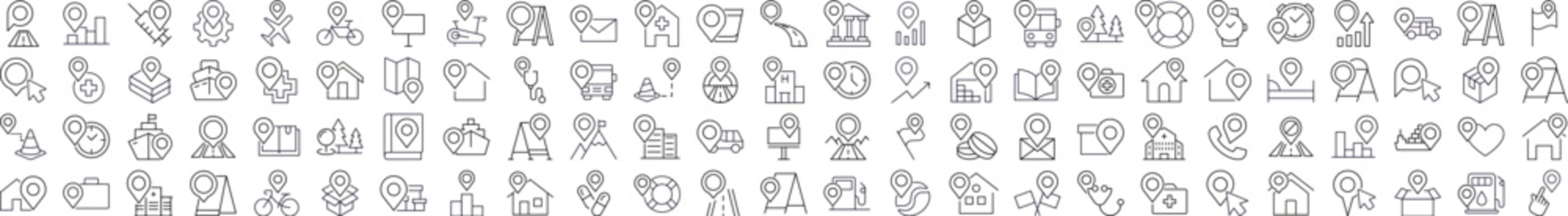 Items with Map Pin Outline Icon Collection. Editable Stroke. Perfect for Graphics, Designs, Books, Adverts, Apps