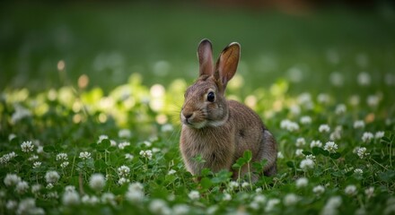 Brown rabbit nestled in a field of white clovers, soft focus background