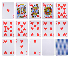 Set of Hearts playing cards isolated on white background