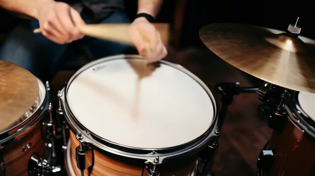 Close-up video of a drummer playing a snare drum, captured from a high angle, highlighting rhythmic motion and musical energy.