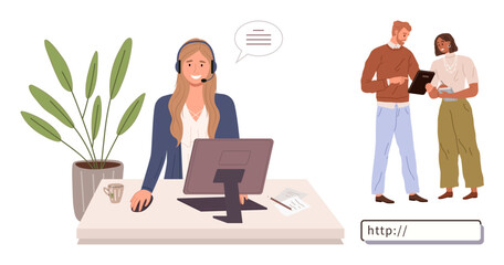 Woman with headset assisting at computer, two colleagues discussing on tablet, web link field. Ideal for customer service, teamwork, online solutions, technology, communication, collaboration simple