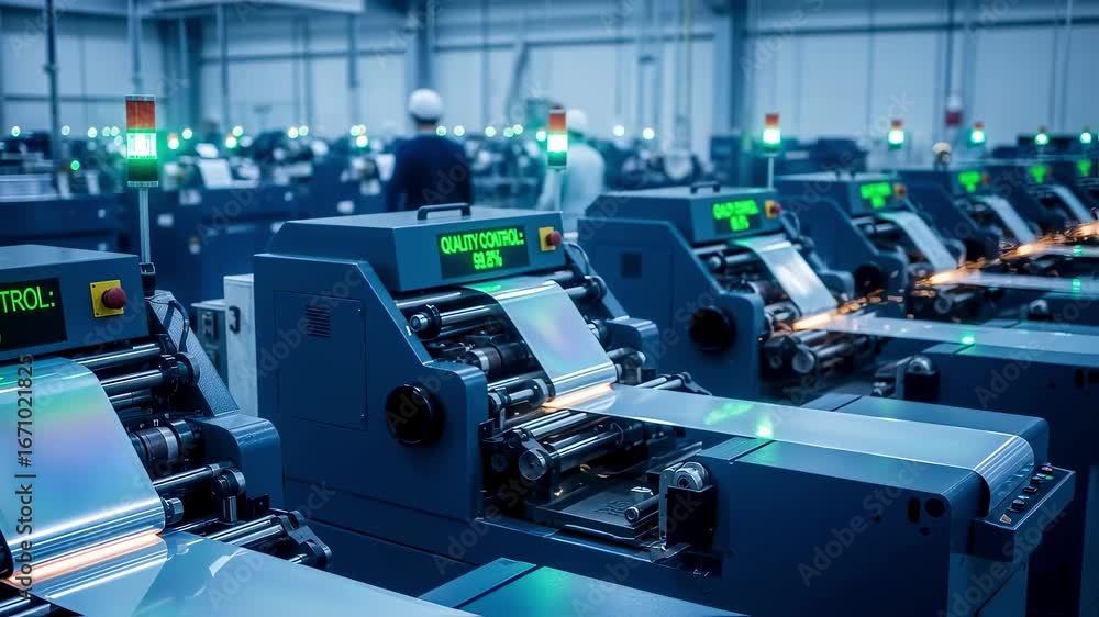 Poster industrial setting with multiple synchronized slitting machines simultaneously processing supercondu