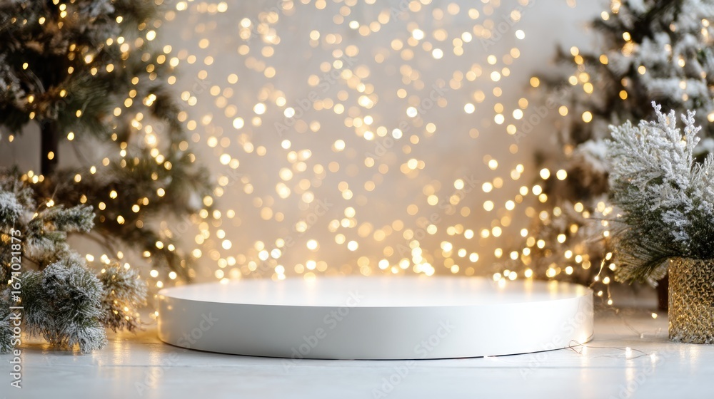 Poster white platform with christmas tree backdrop bokeh