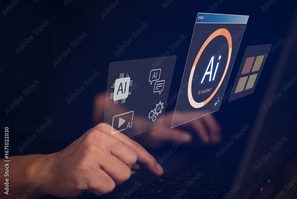 Fototapete concept of artificial intelligence assistant with human hand using laptop and hologram ai interface 