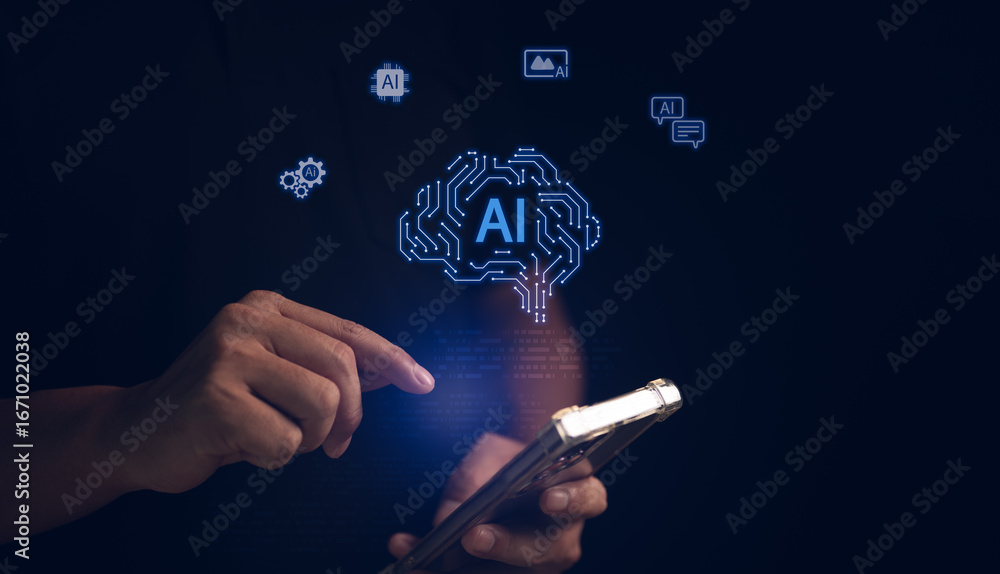 Fototapete concept of artificial intelligence technology with human hand using smartphone and glowing ai brain 