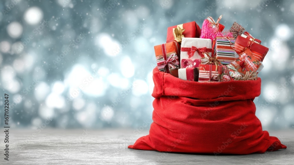 Poster gift-filled red bag set against a festive winter background with soft bokeh lighting creating a joyf