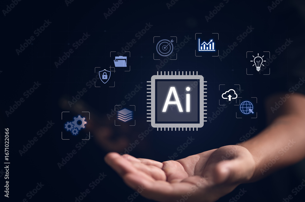 Poster concept of artificial intelligence and digital transformation shown with futuristic ai chip data clo