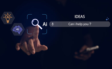Fototapeta premium Concept of artificial intelligence search assistant with human hand touching AI icon, symbolizing chatbot, machine learning, digital ideas, innovation, and modern technology solutions for business.