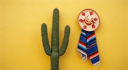 Cactus, sombrero, and serape against yellow wall. Mexican cultural imagery