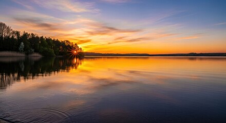 Naklejka premium Calm lake reflects sunrise, silhouetting trees against the bright, colorful sky