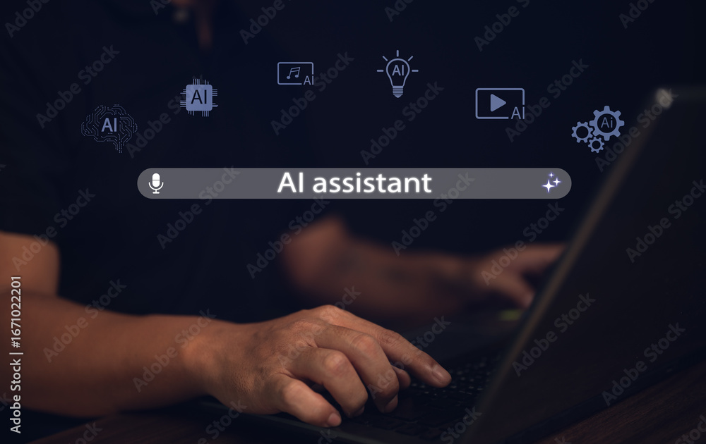 Poster ai assistant concept with person typing on laptop and virtual interface symbolizing chatbot automati