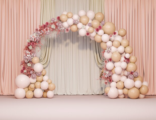 Elegant Balloon Arch with Pink and Beige Pastel Flowers for Wedding or Birthday Party Decoration