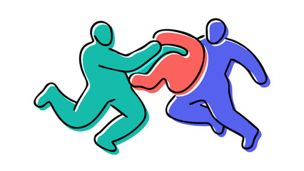 Teal and purple figures interacting with red object abstract blue