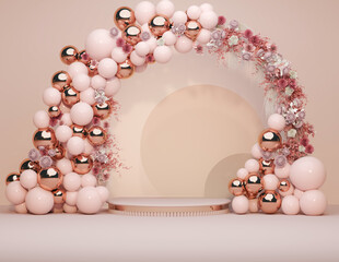 Elegant Balloon Arch with Pink and Beige Pastel Flowers for Wedding or Birthday Party Decoration