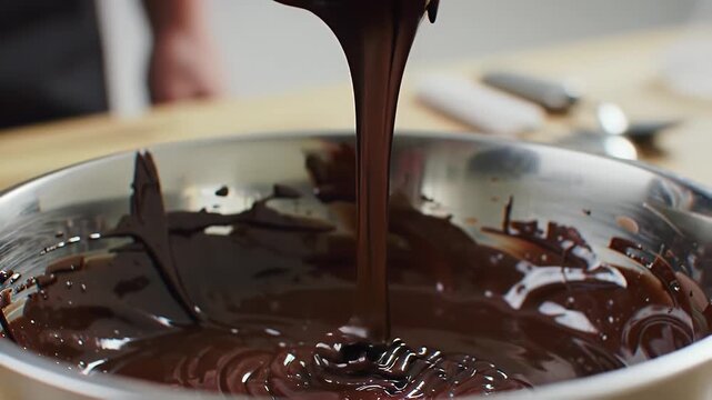 Dynamic Close Up of Melted Chocolate Swirling with Whisk in Stainless Steel Bowl Showcasing Glossy Dark Texture Perfect for Dessert Making Festive Baking and Advertising with Smooth Flowing Richness