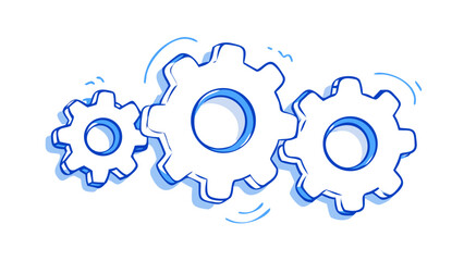 Three interlocking gears with blue outlines technology mechanics