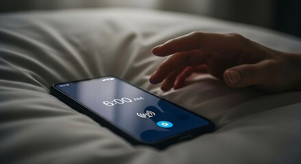 Hand reaching to turn off the early morning alarm on a smartphone.