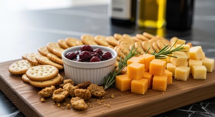 Charcuterie board crackers, cheese cubes, jam, and rosemary branch