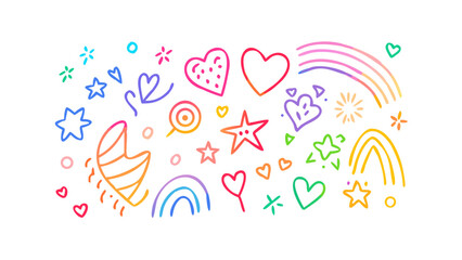 Vibrant doodle icons hearts stars rainbows and abstract shapes vector