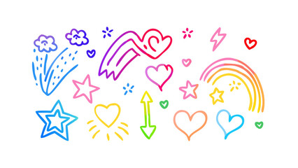 Vibrant doodle icons hearts stars rainbows and lightning vector