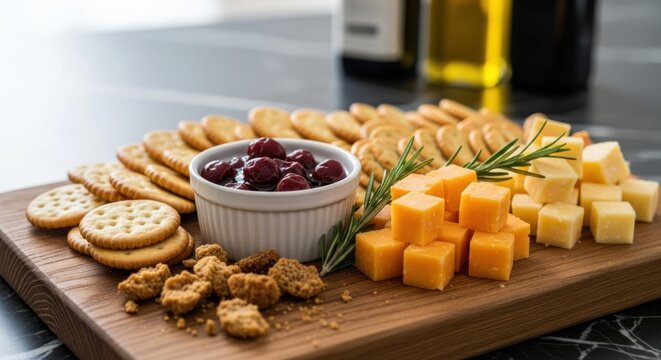 Charcuterie board crackers, cheese cubes, jam, and rosemary branch