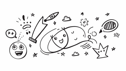 Whimsical doodle characters and celestial elements stars