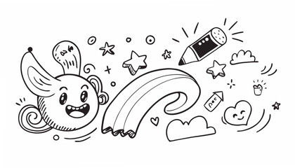 Whimsical doodle collection with happy characters and celestial elements hand drawn